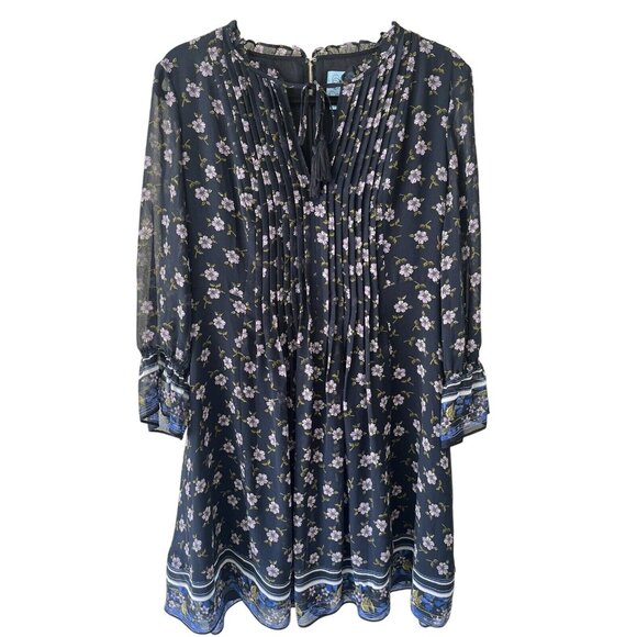 CeCe navy&violet floral long sleeve lined polyester knee length dress sz 8 comfy - Picture 1 of 10